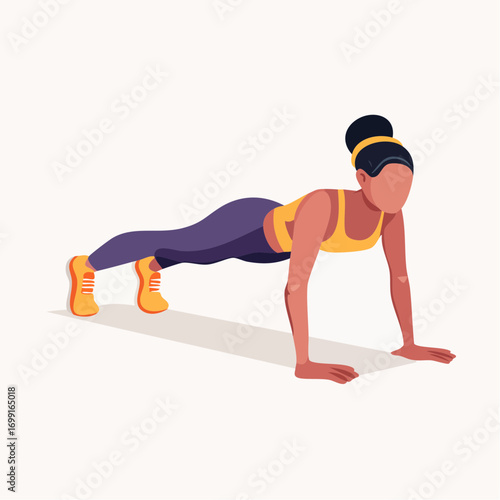 Young athletic woman in a plank position doing a fitness workout. Vector illustration of a girl in sportswear exercising for strength and wellness
