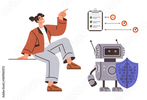 Woman gesturing to checklist with progress markers, robot with protective shield highlighting data security concepts. Ideal for innovation, AI, cybersecurity, teamwork, progress, technology, simple