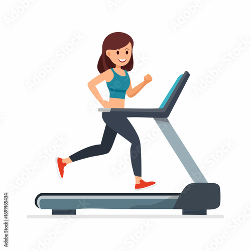 Cartoon Woman Running on a Treadmill for Fitness and Exercise