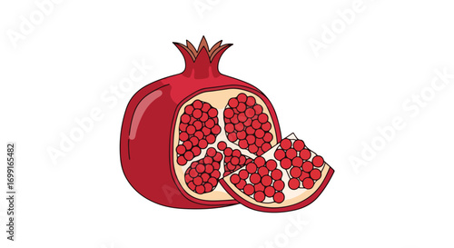 Vibrant pomegranate still life with intricate seed arrangement against a pure white canvas creates a lively fruit composition
