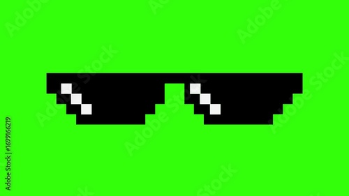 Looping pixel art animation of meme sunglasses, 8-bit boss glasses style. Funny gangster meme effect with green screen background for video edits and creative projects.