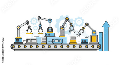 Futuristic automated assembly line with robotic arms and rising graph symbolizing growth and efficiency in modern industry