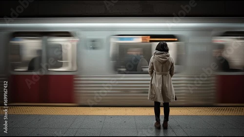 Contemplative woman commuter waiting on subway platform for train, portrait of urban solitude in motion blur