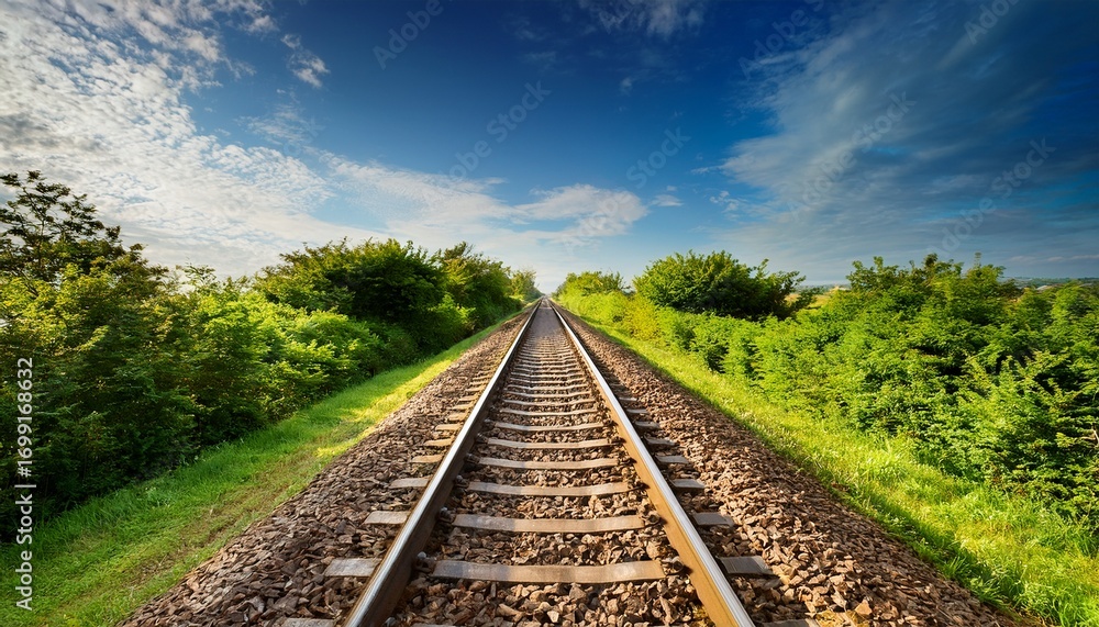 Fototapeta premium a railway perspective amidst vibrant greenery leading into the distance under a serene sky