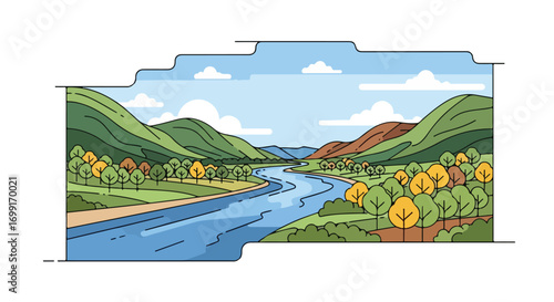 Scenic vector illustration of a river flowing through a valley surrounded by hills and forests