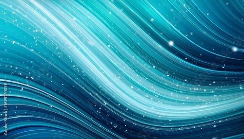 a serene abstract background with smooth flowing aqua blue lines scattered with luminous white dots transitioning from deep teal to soft turquoise