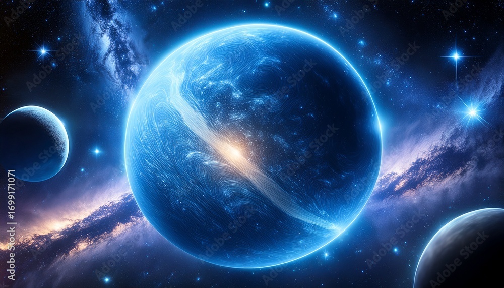 Naklejka premium a vibrant glowing blue celestial planet surrounded by stars and a nebula