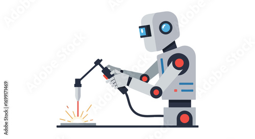 Stylized illustration showcasing a robotic welder performing precision welding operations with bright sparks at a manufacturing site