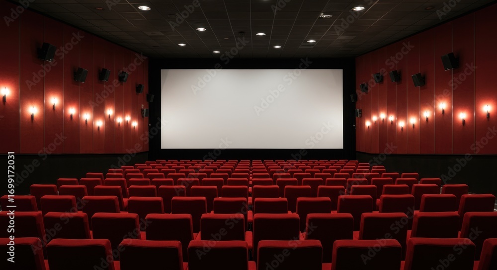 Fototapeta premium Red velvet seats and a large blank screen in a dark cinema