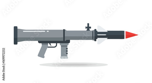 Stylized depiction of a rocket launcher with a gray body and red tip isolated against a white background