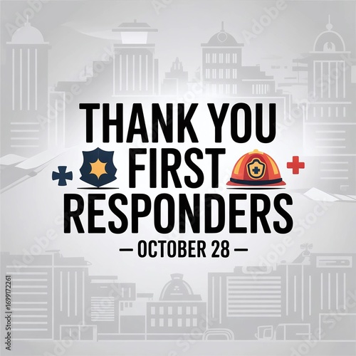 Thank You First Responders Poster – October 28 Awareness Design with Police, Firefighter, and Medical Icons