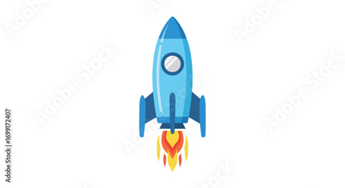 Cartoonish blue rocket launching with vibrant flames for space travel explorationsymbolic concept of project startup and business growth initiation