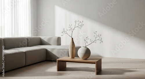 Modern Living Room With Beige Sectional Sofa And Minimalist Coffee Table Featuring Decorative Vases And Natural Light