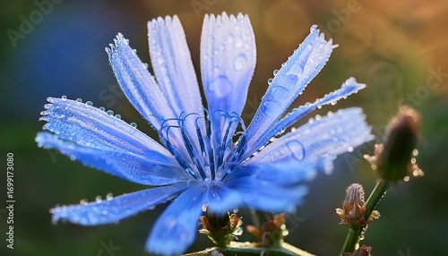 close up of a beautiful blue chicory flower with dew drops on petals