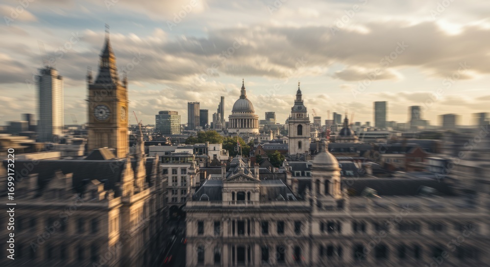 Fototapeta premium Blurred skyline of London with Big Ben and St Pauls Cathedral