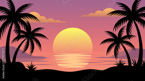 Vector illustration of sunrise behind snowy mountain peaks with a pine tree silhouette in the foreground. Perfect for nature, travel, and adventure designs.