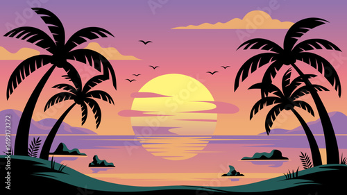 Vector illustration of sunrise behind snowy mountain peaks with a pine tree silhouette in the foreground. Perfect for nature, travel, and adventure designs.