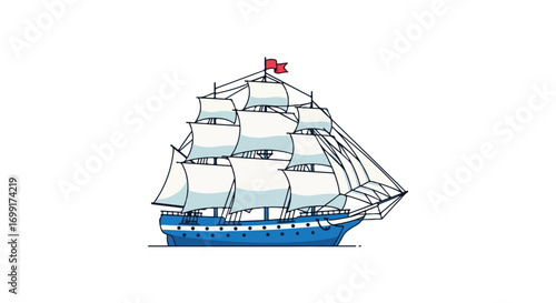 Illustration of a blue and white sailing ship with a red flag, depicted in a whimsical and stylized manner against a clean white background