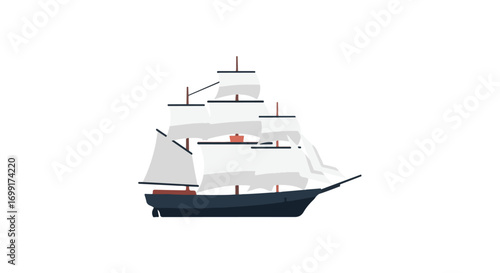 Stylized Tall Ship Illustration with Triangular and Trapezoidal Sails Floating Amidst the Vast Ocean Depths
