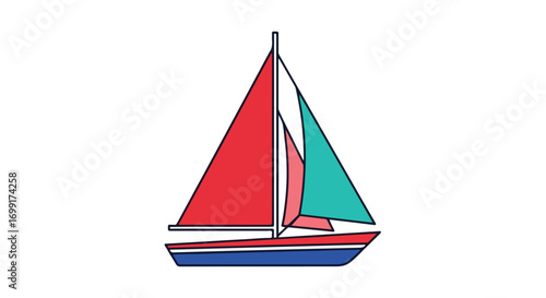 Stylized sailboat with vibrant red and turquoise sails against a clean white background. vector graphic of nautical travel