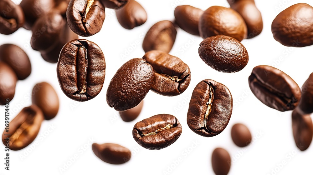 Fototapeta premium Flying Roasted Coffee Beans on White Background