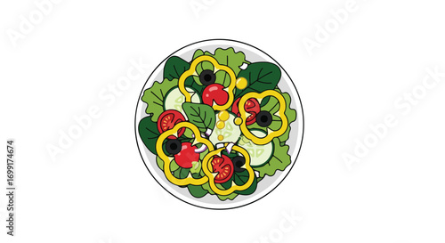 Illustration of a fresh and vibrant salad with diverse colorful vegetables on a plate ready to be consumed for diet