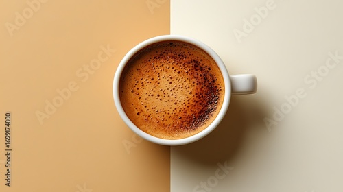 Top - down View of a White Coffee Mug Filled with Foamy Coffee on a Two - Tone Background
