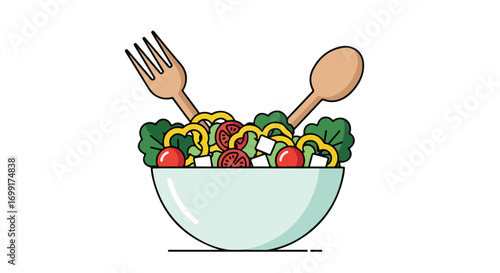 Bowl of Colorful Fresh Salad with Wooden Utensils, Symbolizing Healthy Eating and Vibrant Lifestyle choice