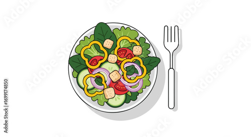 Cartoon style healthy salad illustration featuring fresh vegetables and crispy croutons with fork for healthy lifestyle concept