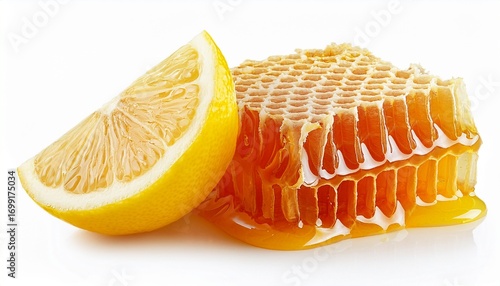fresh lemon slice on honey comb isolated on white background