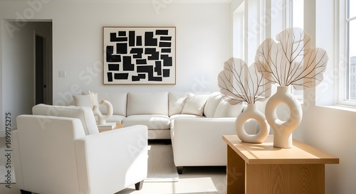 Modern Minimalist Living Room With Abstract Art And Contemporary Vases Accentuated By Natural Light