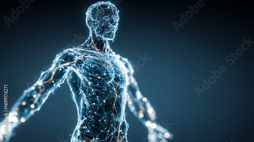 Human anatomy visualized with interconnected glowing network, a modern representation of neural