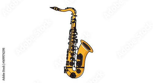 Illustration showcases a golden saxophone with intricate key details on a crisp white background designed for versatility in digital and print