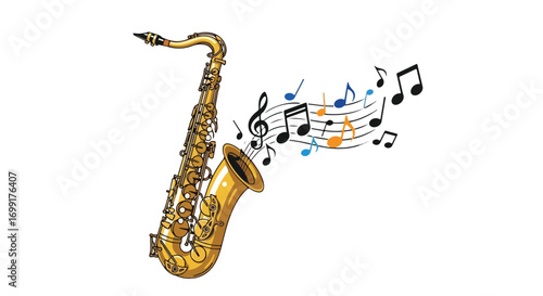 Illustration of a golden saxophone instrument with musical notes on a pristine white background conveying joyful rhythm and melody representation