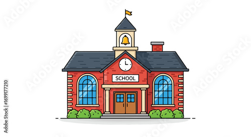 Illustrated school building with architectural details and traditional design features showcasing institutional architecture