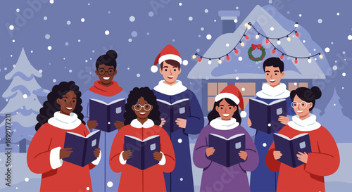 A charming Flat Design vector illustration showcasing a diverse group of carol singers performing festive songs in front of a decorated house.