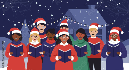 A charming Flat Design vector illustration showcasing a diverse group of carol singers performing festive songs in front of a decorated house.