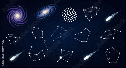 Explore the universe with this stunning galaxy constellations and comets illustration for astronomy enthusiasts vector