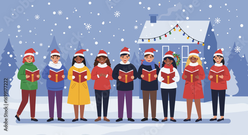 A charming Flat Design vector illustration showcasing a diverse group of carol singers performing festive songs in front of a decorated house.