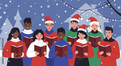 A charming Flat Design vector illustration showcasing a diverse group of carol singers performing festive songs in front of a decorated house.