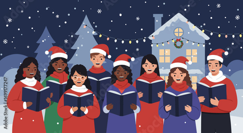 A charming Flat Design vector illustration showcasing a diverse group of carol singers performing festive songs in front of a decorated house.