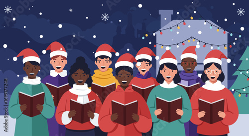 A charming Flat Design vector illustration showcasing a diverse group of carol singers performing festive songs in front of a decorated house.