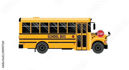 Stylized school bus vector illustration on white backdrop conveying education and childhood themes with its iconic appearance and vibrant yellow color
