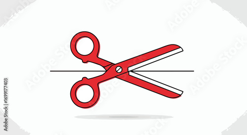 Illustration of red scissors cutting a thin black line, symbolizing precision, separation, or a breaking point, set against a clean white background