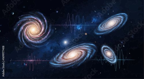 Explore beautiful galaxies space art wallpaper with cosmic waves and celestial bodies illustration design vector