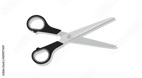Stylized depiction of open scissors with black handles against a pristine white background showcasing precision and functionality