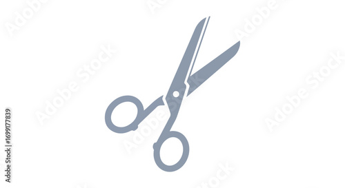 Simple gray scissors illustration with open blades against a stark white backdrop offering versatility in design and applications for varied projects