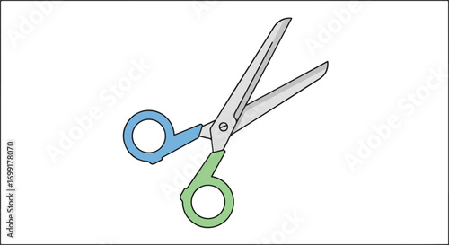 Illustrative depiction of scissors with blue and green handles in an open cutting position isolated on a white background