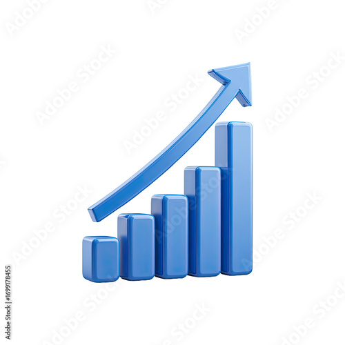 3D graphic of a rising blue bar graph.  A  light-blue upward-pointing arrow overlays a series of  light-blue  bar graphs, symbolizing growth and progress