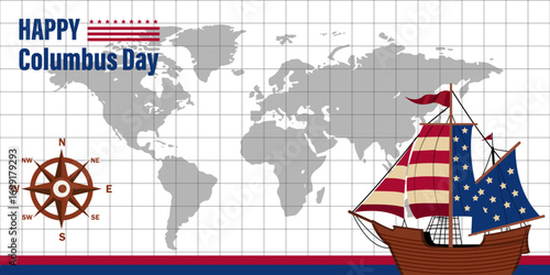 Illustration of Happy Columbus Day with world map, compass, and sailing ship decorated in American flag colors.